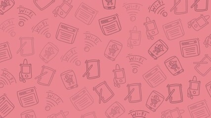 pink technology doodle pattern background featuring WiFi tablets smartphones and web icons perfect for digital design projects or World Telecommunication Day creative backgrounds - Powered by Adobe
