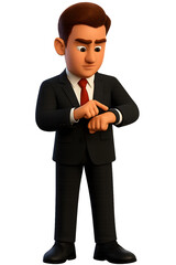 3D Cartoon Businessman Checking Time on Wristwatch