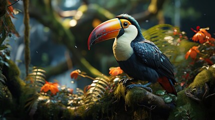 Obraz premium A vibrant toucan perches majestically on a moss-covered branch amidst the lush, tropical foliage of a rainforest.