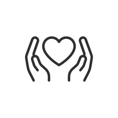 Hands with heart, linear icon. Love and charity protection. Line with editable stroke.