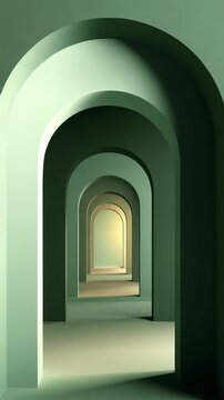 Minimalist green arches create a modern abstract architectural corridor with soft shadows and smooth surfaces. Contemporary geometry and symmetry evoke a tranquil, futuristic atmosphere