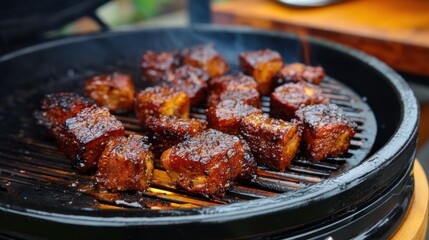 Chunks of flavorful meat are grilling over high heat producing a smoky aroma. The surface is perfectly caramelized indicating a tasty barbecue feast about to be served.