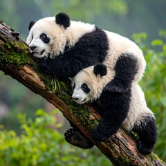Obraz premium Two fluffy, black-and-white bear cubs playing on a tree branch
