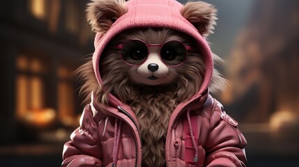 Adorable Fluffy Bear Cub Wearing a Pink Hoodie and Round Sunglasses