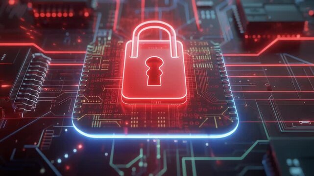 Cyber lock glowing red and blue on electronic motherboard symbolizing data protection encryption and secure communication in technology motion concept.