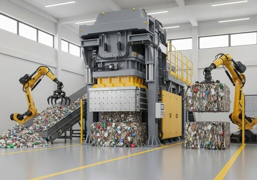 Industrial recycling facility with robotic arms sorting waste materials in modern plant