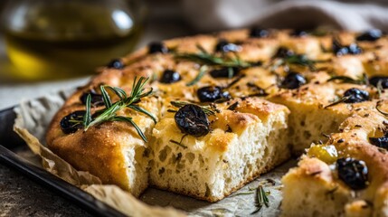 Soft focaccia bread golden and fluffy is topped with black olives and fresh rosemary. A rustic kitchen setting enhances the warm atmosphere inviting everyone to enjoy this homemade treat.