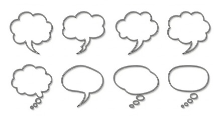 Set of eight hand drawn speech bubbles in different shapes and styles