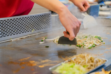 A sizzling teppanyaki plate with cabbage, bean sprouts, sliced meat, tofu, and shrimp cooked on a...