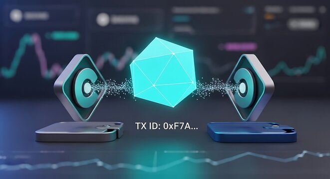 Blockchain technology transferring data between devices with a glowing cube representing secure transaction in a futuristic digital landscape, conveying innovation and security.