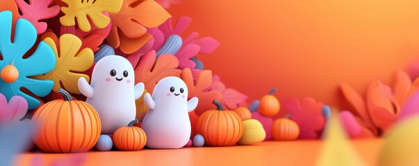 Fototapeta premium Two cute ghost figures amidst colorful autumn leaves and pumpkins in a vibrant, festive setting.