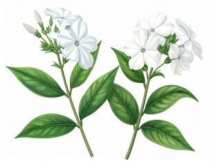 Elegant white jasmine flowers with green leaves on a white background, botanical illustration style, perfect for floral designs and natural themes.