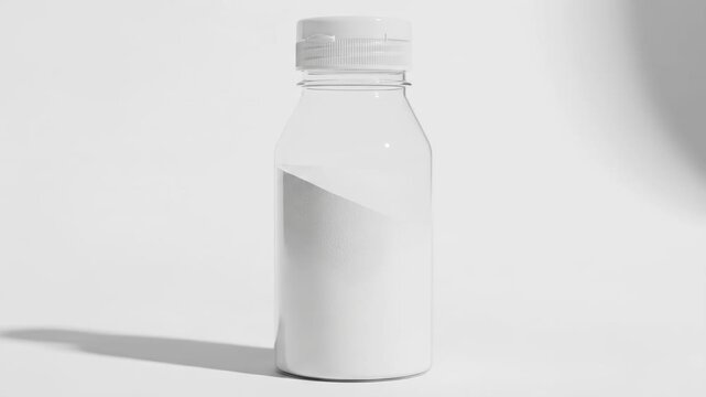 A transparent bottle filled with white powder, sealed with a white cap