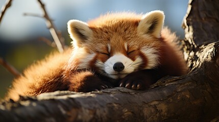 Fototapeta premium Adorable Red Panda peacefully sleeping soundly on a rough tree branch in the m sunlight