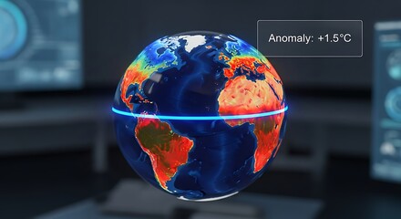 Earth globe displays temperature anomaly of 1.5 degrees Celsius in a futuristic control room, highlighting the urgency of climate change awareness.