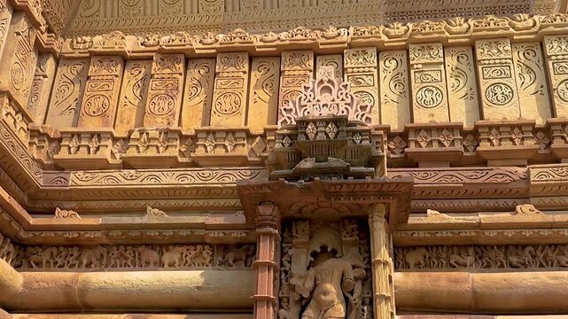 Khajuraho temples captured in a cinematic style, emphasizing their ancient elegance, intricate carvings, and spiritual atmosphere for dramatic visual storytelling. 