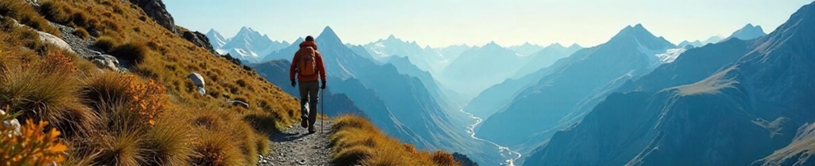 Confident Hiker on Majestic Mountain Trail A Breathtaking Solo Adventure in Sunlight