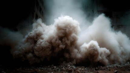 Dramatic cloud of dust and debris erupts from a collapsing building creating a chaotic scene
