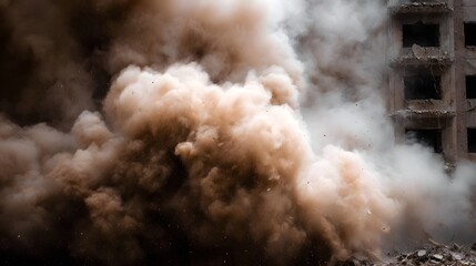 Dust cloud billows from a collapsing building revealing destruction and debris after an impact event