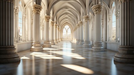 Obraz premium An Ancient Romanesque Marble Hallway Bathed in Sunlight with Ornate Columns and Arches