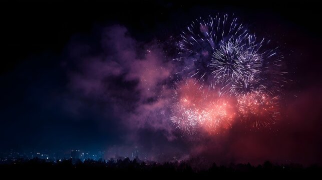 Dazzling fireworks erupt in vibrant colors above a dark city skyline