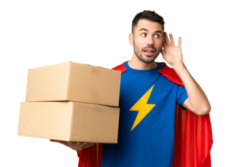 Super Hero delivery caucasian man over isolated chroma key background listening to something by putting hand on the ear
