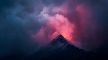 Fototapeta premium Volcanic eruption with glowing red and pink smoke against a dark dramatic sky