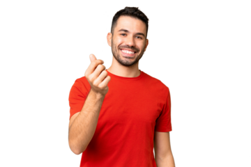 Young handsome caucasian man over isolated chroma key background making money gesture