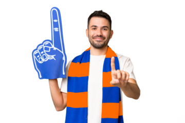 Young caucasian sports fan man over isolated chroma key background showing and lifting a finger