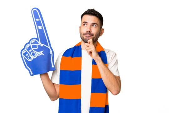 Young caucasian sports fan man over isolated chroma key background having doubts and thinking