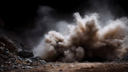 Explosion of dust and debris in a dark rocky mining environment