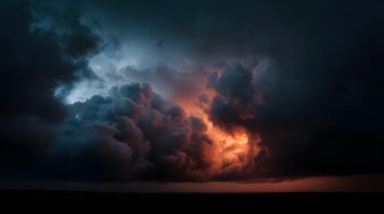 Fototapeta premium Dramatic storm clouds glow with fiery orange and cool blue light against a dark sky