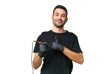 Tattoo artist caucasian man over isolated background giving a thumbs up gesture