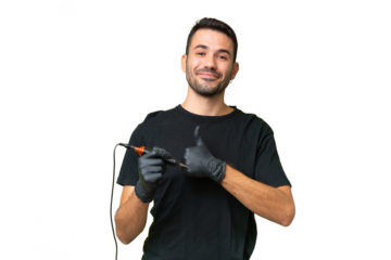 Tattoo artist caucasian man over isolated background giving a thumbs up gesture