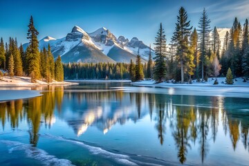 Serene winter landscape with snowcapped mountains reflecting in a calm lake surrounded by pine trees