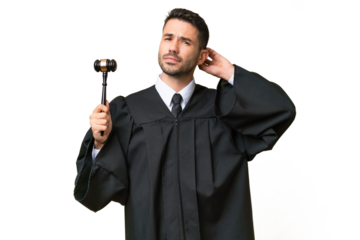 Judge caucasian man over isolated background having doubts