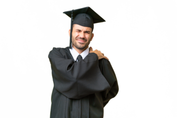 Young university graduate man over isolated background suffering from pain in shoulder for having made an effort