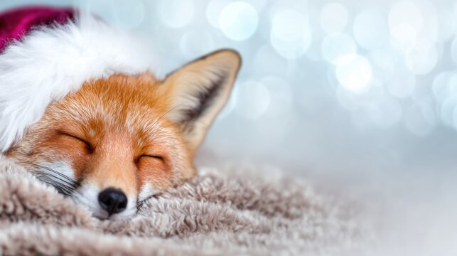 Sleeping fox in festive hat resting peacefully on cozy blanket - Powered by Adobe
