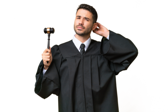 Judge caucasian man over isolated background having doubts