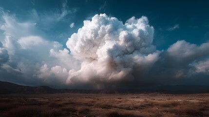 Colossal cloud formation dominates a desolate desert landscape under a dramatic blue sky