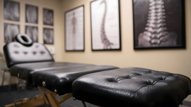 Black chiropractic table in a room with anatomical spine diagrams on the wall