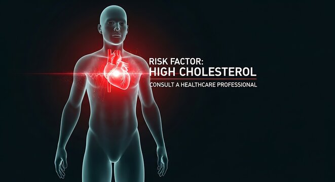 Human figure displays highlighted heart indicating high cholesterol risk factor on digital screen in medical setting, emphasizing health concerns. - Powered by Adobe