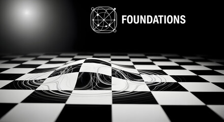 Abstract black and white image of a warped chessboard with the word foundations and a geometric logo, representing concepts of reality, perception, and the underlying structure of existence