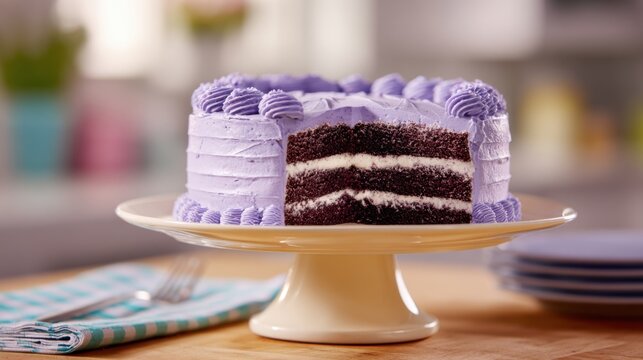 A stunning chocolate cake with smooth purple frosting sits on a white stand. A slice has been taken out revealing layers of rich chocolate and creamy filling. The kitchen background glows with light.