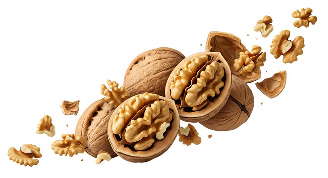 Heap of walnuts with broken shells isolated on transparent background