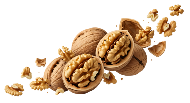 Heap of walnuts with broken shells isolated on transparent background