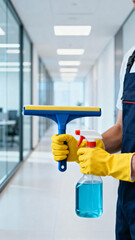 Person in Protective Gear Holding Window Squeegee and Spray Bottle in Office Environment