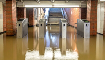 洪水で駅の改札口が半ば沈む緊迫した都市水害の現場を捉えた印象的情景
