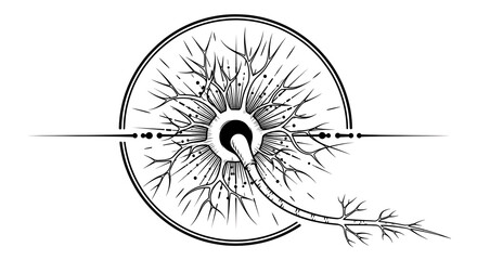 Abstract illustration of a neuron with branching dendrites and axon, symbolizing neural network, brain activity, and scientific research, isolated on white background