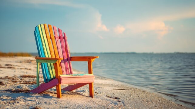 A bright multi-colored beach chair stands on soft sand near tranquil water under a clear sky. The scene captures the peacefulness of sunset at a coastal location.